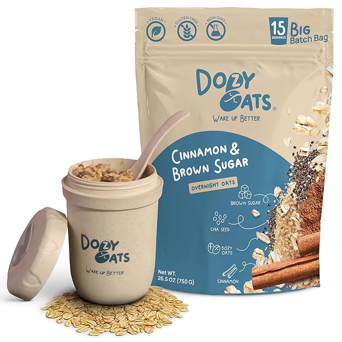 Dozy Oats Overnight Oatmeal 15-Serving Big Batch Bag. Gluten-Free Natural Source of Protein and Fiber Cinnamon and Brown Sugar 750g Pack and Jar