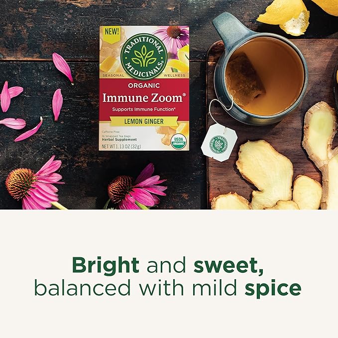 Traditional Medicinals Tea Organic Immune Zoom Lemon Ginger - Supports Immune Function - Kosher Non-GMO Caffeine-Free Compostable - 96 Tea Bags (6 Pack)