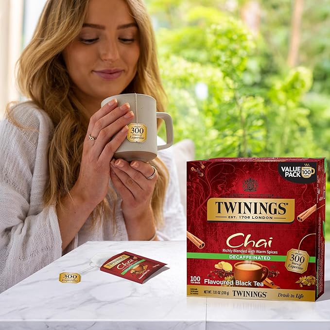 Twinings Decaffeinated Chai Individually Wrapped Bags 100 Count (Pack of 1) Sweet Savoury Spices Enjoy Hot or Iced 100 Teabags