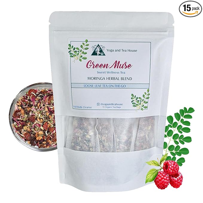 Moringa Tea Herbal Blend Loose Leaf Tea Full Body Cleanse Green Muse Sweet Wellness Tea 15 Organic Tea Bags Yoga and Tea House