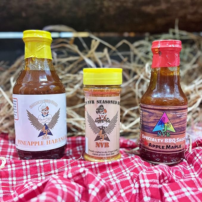 4 J's NVR Bundle: Seasoning Rub plus Pineapple Habanero and Apple Maple Sauces - 4 J's NVR Specialty Sauce 16 oz Small Batch NO thickeners or preservatives Gluten Free Vegetarian Fruit Based Sau