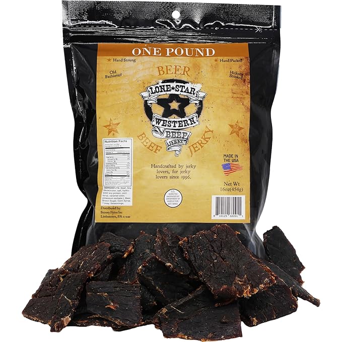 Lone Star Beer Flavored Beef Jerky - 1 Pound Resealable Bag - Hickory Smoked Handcrafted Flavor - High Protein Healthy Meat Snack