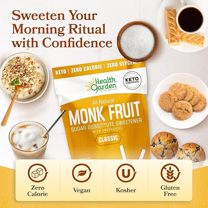 Health Garden Monk Fruit Sweetener Classic Sugar Substitute - 40oz Bag – 1:1 Monk Fruit Sugar Substitute with Erythritol Zero Calorie Monkfruit Sweetener for Baking and Coffee Keto Friendly Non-GM