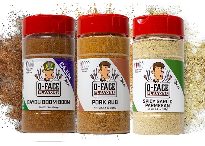 O-Face BBQ Seasoning 3 Pack Bayou Boom Boom Pork Rub Spicy Garlic Parmesan Bold Southern Flavor Variety Set