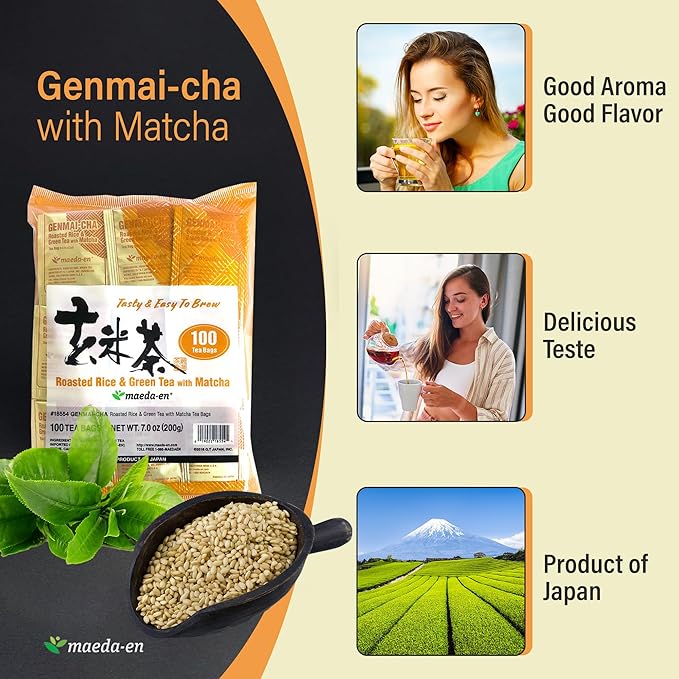 MAEDA-EN Genmai-cha with Matcha Roasted Rice and Green 100 Tea Bags Powder Japanese Origin Green Tea Leaves Individually Wrapped Teabags 18554 1pk