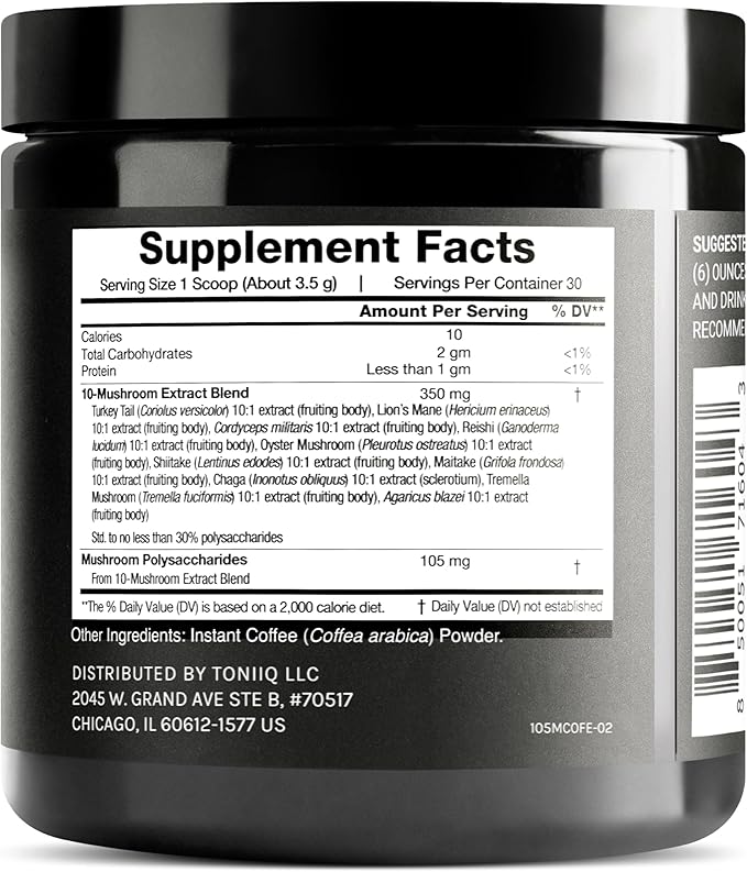 Mushroom Coffee - Ultra High Potency 10:1 Concentrated Extract - Colombian Sourced Beans with 10 Mushroom Blend Lion's Mane &amp Cordyceps - Rich &amp Functional Coffee Alternative - Third-Party La