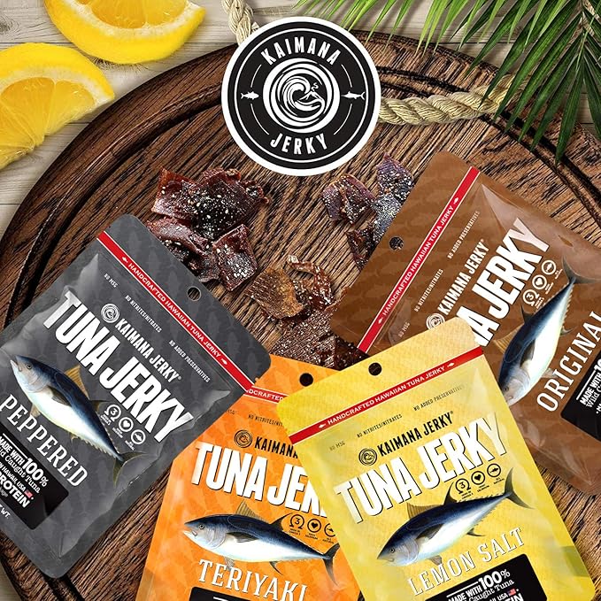 Kaimana Wild-Caught Ahi Tuna Jerky - Teriyaki | Rich in Omega-3s &amp High in Protein | All-Natural &amp Organic Fish Jerky (3 pack 2 oz)