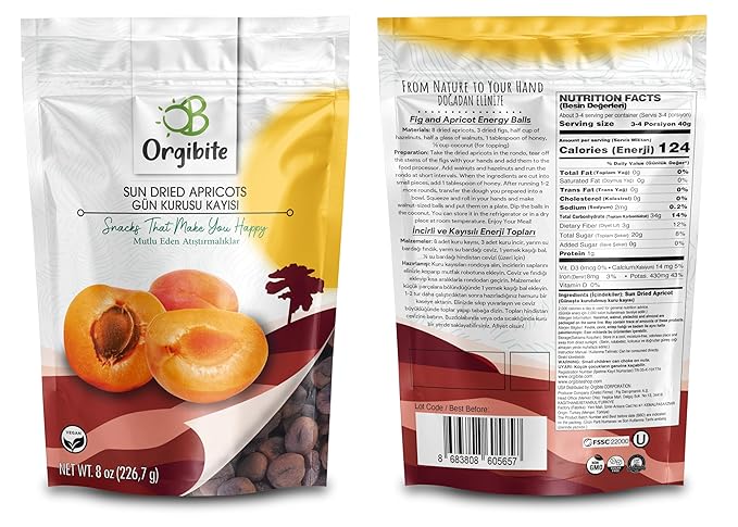 Orgibite Organic Sun Dried Apricots | Organic Vitamin-Rich Dried Fruit | Fruit Snack for Kids AdultsVegan | Healthy and Sugar Free Pack 8 Oz (Pack of 7)