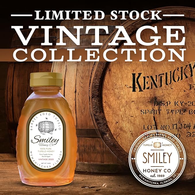 Smiley Honey Barrel Aged Tupelo Honey Vintage 2020 Aged 5 Years in Kentucky Owl Bourbon Barrels Exclusive Run (16oz Barrel Aged Tupelo Honey)