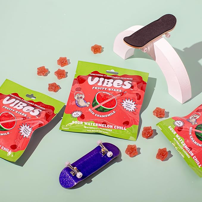 VIBES Sour Watermelon Chill Fruity Stars - Delicious Low Calorie Gluten-Free Bulk Fruit Snacks - High Fiber Healthy Fruit Snacks -2g Sugar - 6 Packs of 18 Fruit Gummies - Snack of the Slopes