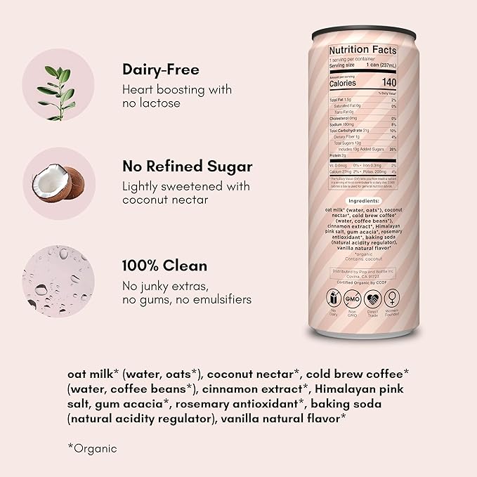Pop &amp Bottle Oat Milk Lattes- Cold Brew Cold Brew Coffee Cans Canned Coffee Iced Coffee Organic Dairy Free Gluten Free Lightly Sweetened with Coconut Nectar- Snickerdoodle 8 Fl Oz (12 Pack