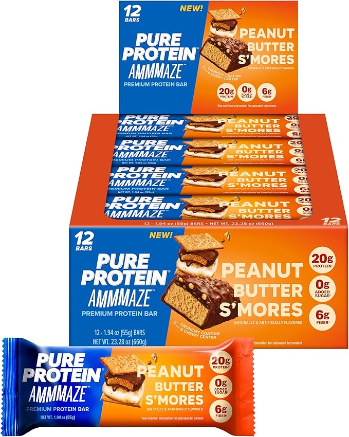 Pure Protein AMMMAZE Peanut Butter S’mores Bars 20g Protein 6g Fiber 5g Net Carbs No Added Sugar High Protein Snack 12 Count – Meal Replacement Bar for On-the-Go