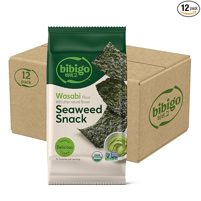 Bibigo Wasabi Flavor Seaweed Snack Non GMO Gluten Free 0.35 Ounces (Pack Of 12)