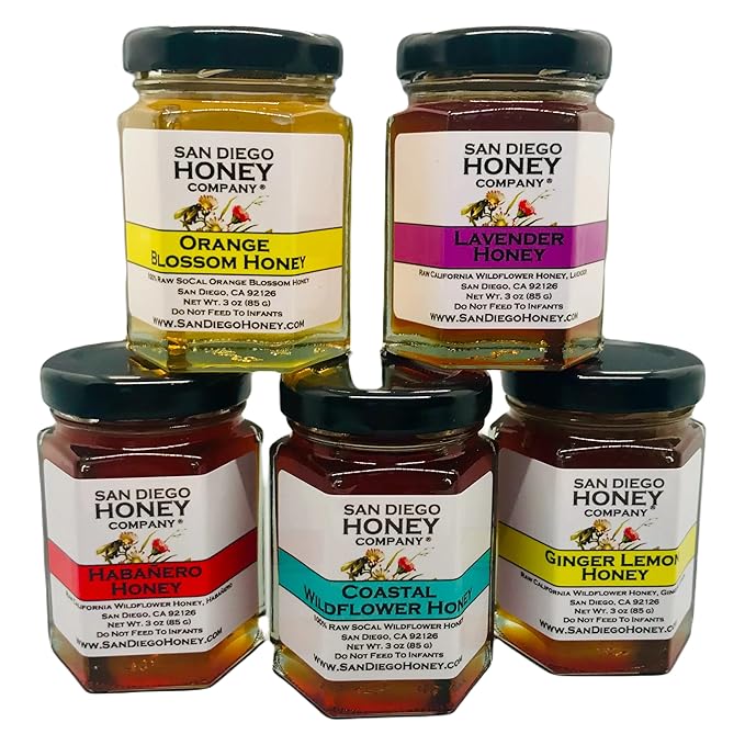 THE FAVORITES HONEY COLLECTION by San Diego Honey Company Honey Taster Flight 5 x 3oz Jars Raw Honey Variety Sampler Pack