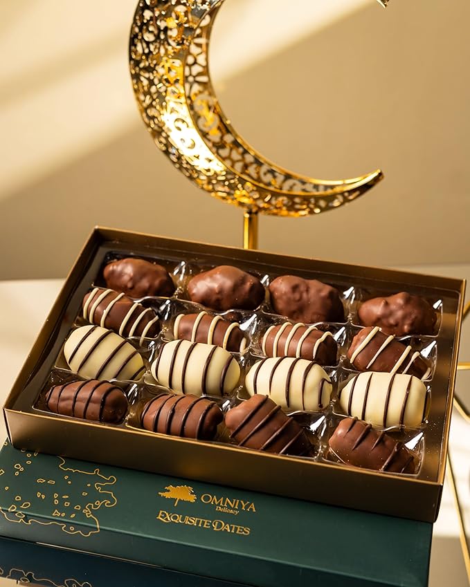 OMNIYA Delicacy – Chocolate Exquisite Dates Box (1 Count 16-Piece Medjool Dates) – Stuffed &amp Coated with Milk Chocolate Pistachio Caramel &amp Lotus – Premium Middle Eastern Gift