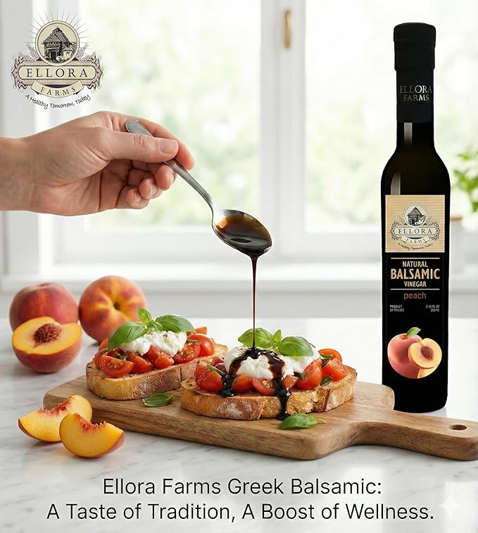 Ellora Farms Peach Infused Balsamic Vinegar Great Taste Award thick and creamy no-added sugars no-preservatives 8.45 oz. bottle (Peach)