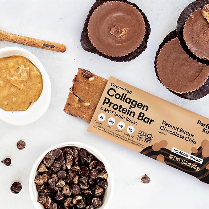 Perfect Keto Collagen Protein Bar Gluten Free Grass Fed Collagen + MCT Oil Low Carb No Sugar Added High Protein Snacks Keto Diet Foods 13g Protein 18g Fat 3g Net Carbs Peanut Butter Chocolate