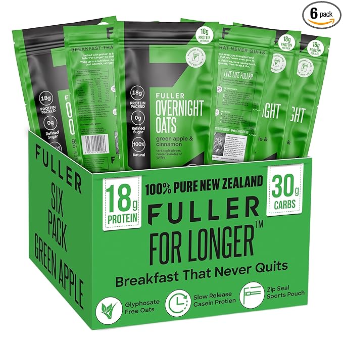 Delicious Apple Cinnamon High Protein Overnight Oats - Nutritionist Designed FULLER For Longer With Low Sugar High Fiber &amp Premium Slow Release Casein - Ziplock Portable - Glyphosate Free Oatmeal