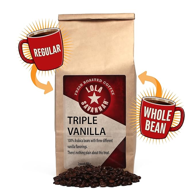 Lola Savannah Triple Vanilla Whole Bean Coffee - Three Unique Layers of Vanilla Delivers an Irresistible Velvety Smooth Sweet Cream Profile Caffeinated 2lb Bag