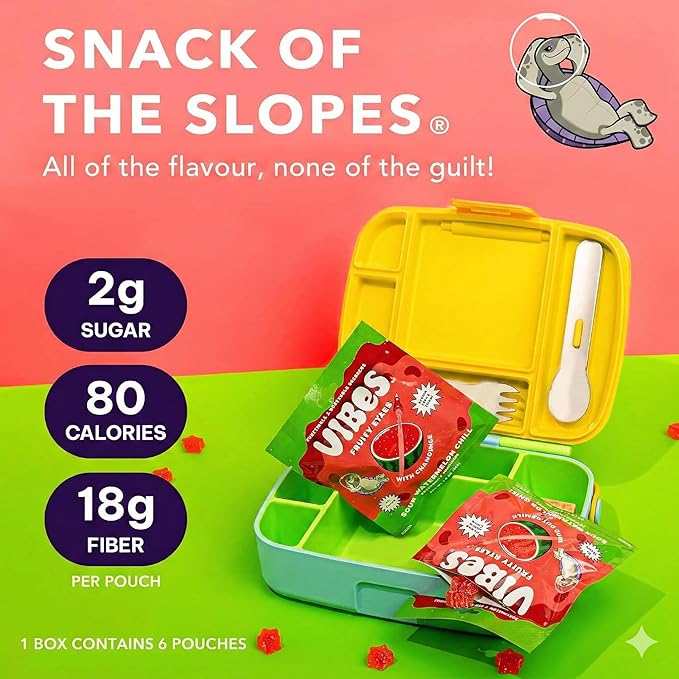 VIBES Sour Watermelon Chill Fruity Stars - Delicious Low Calorie Gluten-Free Bulk Fruit Snacks - High Fiber Healthy Fruit Snacks -2g Sugar - 6 Packs of 18 Fruit Gummies - Snack of the Slopes