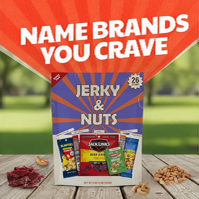 Jerky &amp Nuts Variety Pack (26 Count) – Beef Jerky Beef Sticks Turkey Sticks Cashews Honey Roasted Peanuts Salted Peanuts | Individual Meat &amp Nuts Packs for Adults Kids Office School o