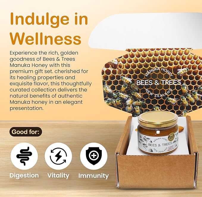 Bees &amp Trees Manuka Honey 550+ MGO – New Zealand Pure Monofloral Raw – Premium &amp Minimally Processed for Health Strength &amp Vitality – Unpasteurized Superfood in Gift Set - 380g (13.4oz)