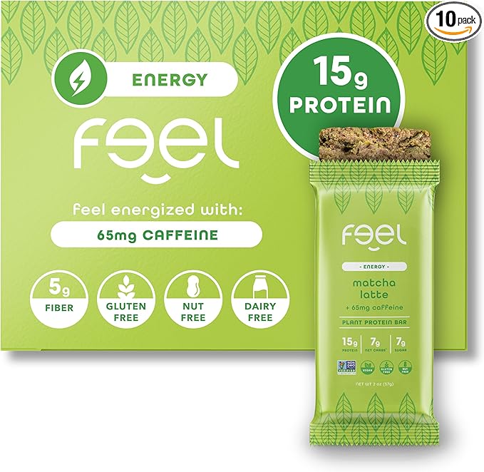 Feel Vegan Protein Bars Energize 65mg Caffeine 15g Plant Protein Organic Snack Low Sugar Low Carb Gluten Free Dairy Nut Grain Soy Free Matcha Latte 10 Pack