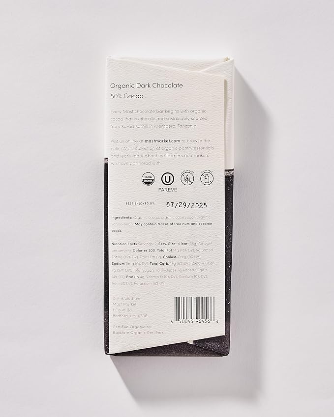 Mast Chocolate Bars | 6 pack | Organic Kosher | Classic 2.5oz each (6 Bars Organic Dark Chocolate 80% Cacao)