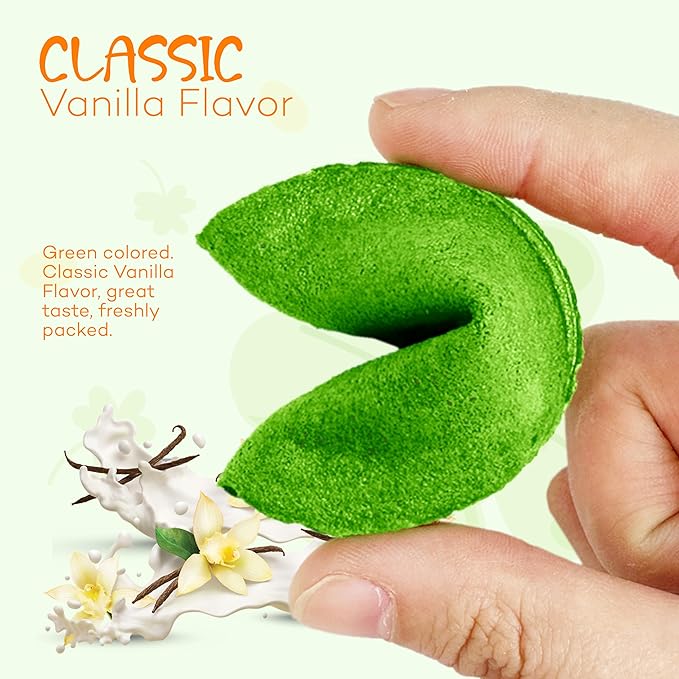 4E's Novelty St Patricks Day Fortune Cookies (50 Pack) Bulk Individually Wrapped Green Fortune Cookies With 50 Unique St Patricks Day Themed Fotune Party Favors &amp Candy Bowl Filler