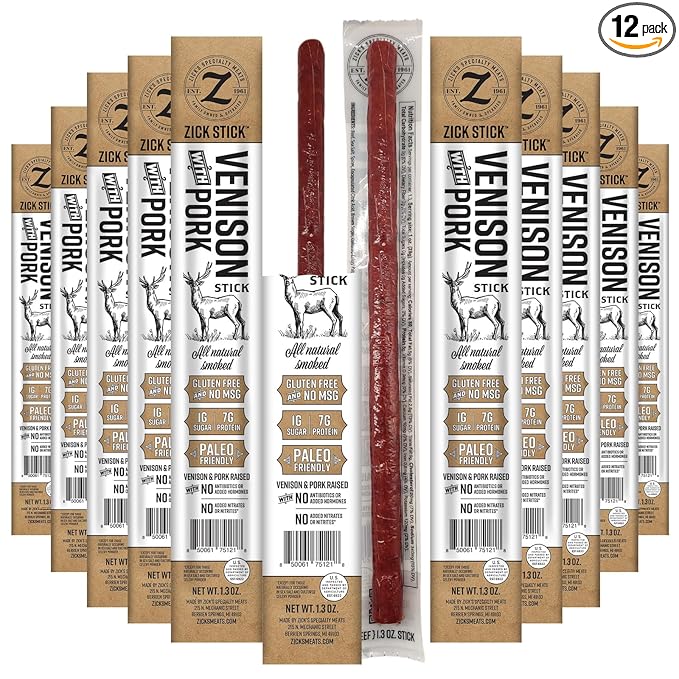 Zick's Venison with Pork Meat Snacks 1.3oz | Premium Game Meat Hardwood Smoked Gluten-Free Paleo Friendly No Hormones or MSG Clean Ingredients Protein Packed Snack Sticks | Ven - 12 Pack