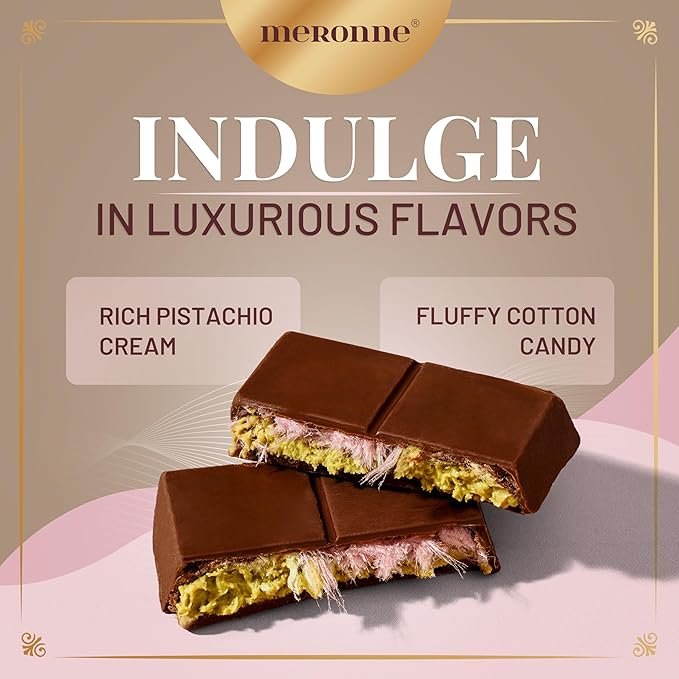 Meronne® Angel Hair Milk Chocolate Bar – 6 Pack (6.35 oz Each 180g) – 34% Milk Chocolate with Pistachio Cream &amp Angel Hair Cotton Candy – Handmade – No Artificial Colors or Preservatives
