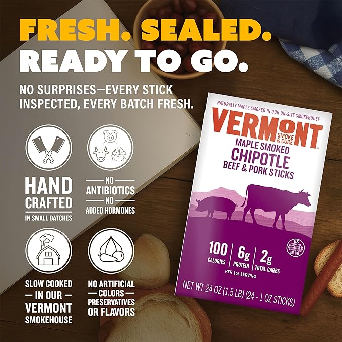 Snack Sticks by Vermont Smoke &amp Cure – Smoked Chipotle – Beef &amp Pork – Healthy Meat Protein – 1oz Jerky Stick – 24 count carton