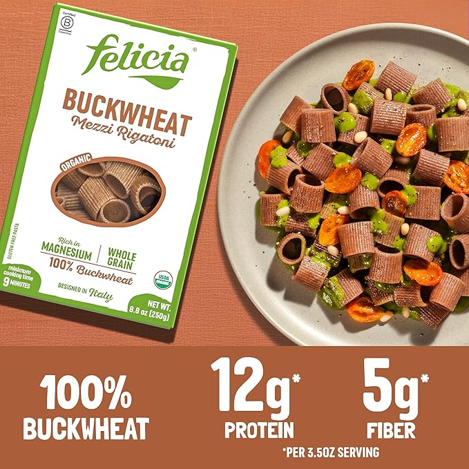 Felicia Gluten Free Pasta Buckwheat Mezzi Rigatoni Organic Noodles Made With 100% Whole Grain Buckwheat Naturally High in Magnesium Designed in Italy Plant Based Non GMO 8.8 Oz 6 Boxes