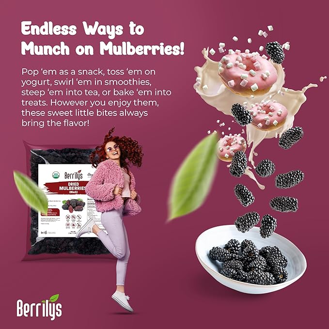 Dried Mulberries Black Organic Berrilys 3 LB Dried Mulberry Non-GMO Unsulfured Raw Healthy Snacking Great Ingredient for Baking Purposes Vegan Natural