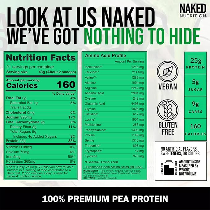 NAKED Pea - Double Chocolate Protein from US &amp Canadian Farms Organic Cocoa Organic Coconut Sugar - No GMO No Soy and Gluten Free Aid Growth and Recovery - 21 Servings