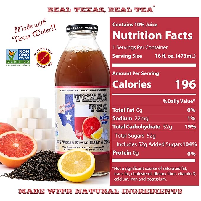Texas Tea Rio Red Grapefruit Lemonade with Sugar Land Sweet Tea Real Brewed Black Tea &amp Grapefruit Lemonade Flavor Non GMO No Preservatives Refreshing Texas Brewed Tea 16 fl oz Pack of 12