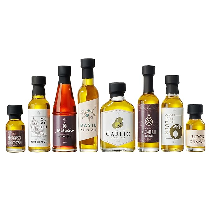 Kiri &amp Sons Olive Oil Gourmet Sampler Gift Set of 8 - Premium Extra-Virgin Olive Oil Made In Spain Natural Flavors Include Mushroom Chili Garlic Oregano Blood Orange Smoky Bacon Jalapeno B