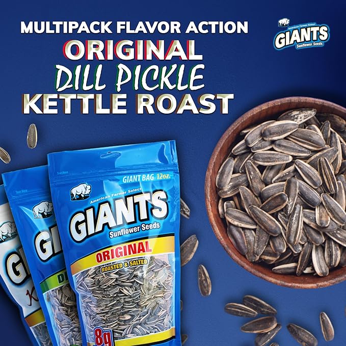 GIANTS Sunflower Seeds Variety Pack - Flavored Sunflower Seeds to Eat Dill Pickle Sunflower Seeds Kettle Roasted Original Flavor 8g Protein Per Serving - 12 oz Bags (Pack of 3)