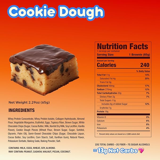Prime Bites High Protein Brownie (12 Per Box Cookie Dough Bites) - 19g of Protein 5g of Collagen Gluten Free Low Sugar Treat Delicious Protein Snack
