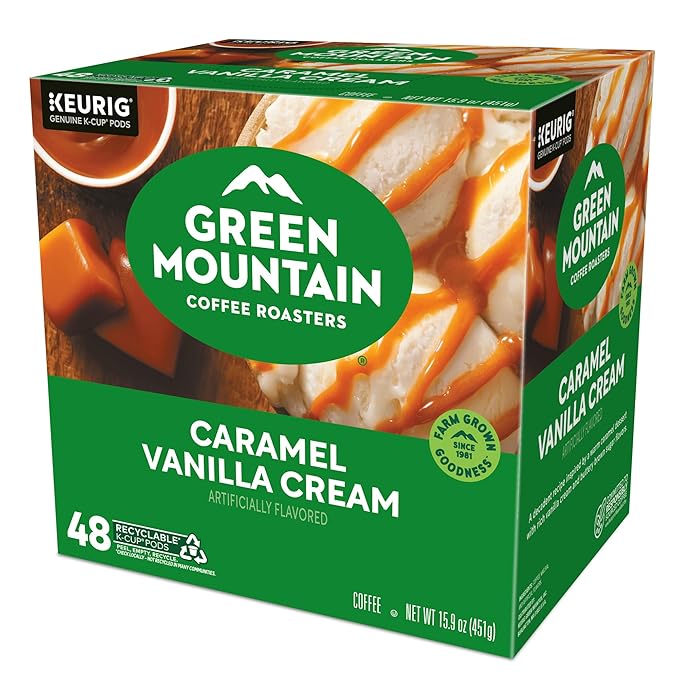 Green Mountain Coffee Roasters Caramel Vanilla Cream Single-Serve Keurig K-Cup Pods Flavored Light Roast Coffee Pods 48 Count