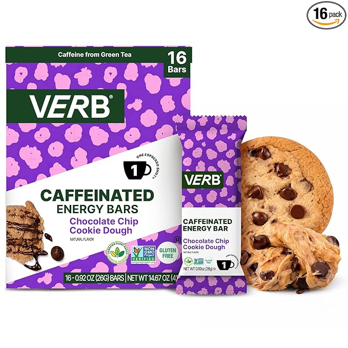 Verb Caffeinated Energy Bars Chocolate Chip Cookie Dough (26g Pack of 16) 110-Calorie Delicious Energy Bar Gluten Free On-the Go Snack with 80mg Green Tea Caffeine Only Real-Food Ingredients