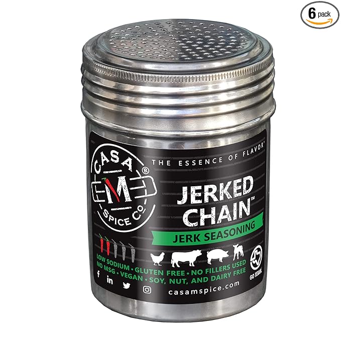 Casa M Spice Co Jerked Chain Jerk Seasoning Very Low Sodium No MSG Gluten Free Caribbean Jamaican Jerk Spices (Original Stainless Shaker (with 1-cup seasoning))