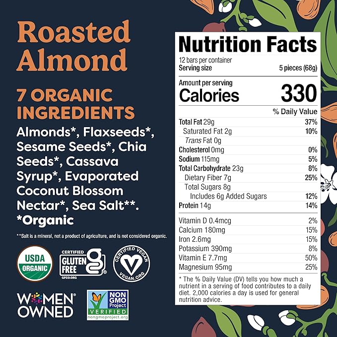 Tosi Meal Nut Bars Almond Healthy Snacks for Adults &amp Kids Crunchy Plant Based Protein Bar (14G) Keto Snacks Vegan Gluten &amp Soy Free Low Sugar Omega 3s 2.4oz 12-Pack
