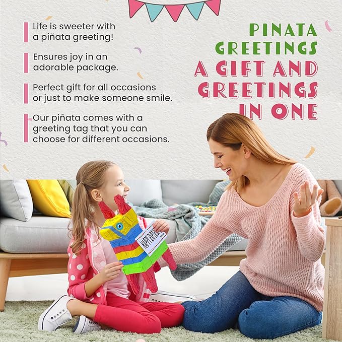 Cute 12” Donkey Pinata Pre-Filled with Assorted Quantities of Popular Candies and Attached Message Tag for Friends Family Children and More (Happy Birthday)
