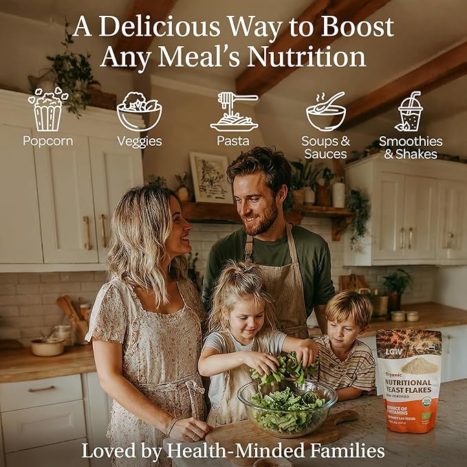 LOOV Organic Non-Fortified Nutritional Yeast Flakes - Vegan Gluten Free Non-GMO Unfortified Nooch - Good Source of Natural B-Vitamins - No Added Salt or Sugar - Resealable Bag 8 Ounces (227 Grams)