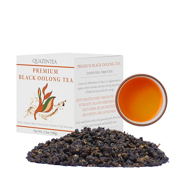 QuaZenTea Premium Black Oolong Tea Loose Leaf 3.5oz (100g) - Vietnamese High Mountain Tea Boldly Roasted Smooth &amp Toasty with Sweet Finish-Coffee Alternative Perfect for Black Tea Lovers
