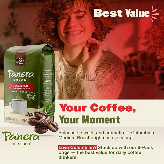 Panera Colombian Ground Coffee Medium Roast With Brown Sugar Hints - Smooth Balanced Everyday Brew 100% Arabica Beans Clean Label No Artificial Ingredients - Kosher Certified 12oz Bag Pack of 6 (7