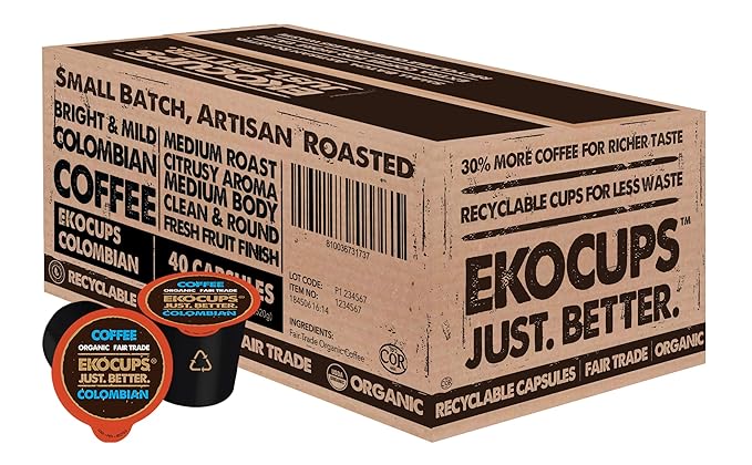 EKOCUPS Organic Colombian Roast Coffee Pods Extra 30% More Coffee Per Cup Artisan Fair Trade Dark Roast Colombian Coffee for Keurig K Cup Machines Recyclable Pods 40 Count