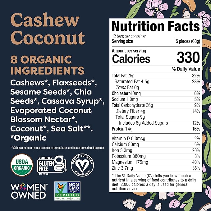 Tosi Meal Nut Bars Cashew Coconut Healthy Snacks for Adults &amp Kids Crunchy Plant Based Protein Bar (14G) Keto Snacks Vegan Gluten &amp Soy Free Low Sugar Omega 3s 2.4oz 12-Pack