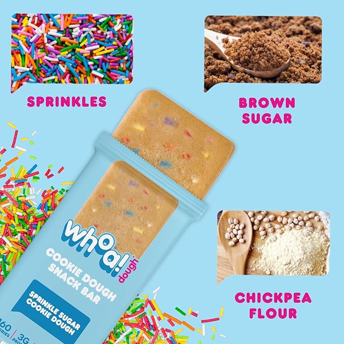 Whoa Dough Edible Cookie Dough Bars- Certified Non-GMO Kosher and Gluten Free Bars - Healthy Snack Foods - Plant Based Snacks Made With Real Ingredients - Sprinkle Sugar Cookie Dough - 4 Pack